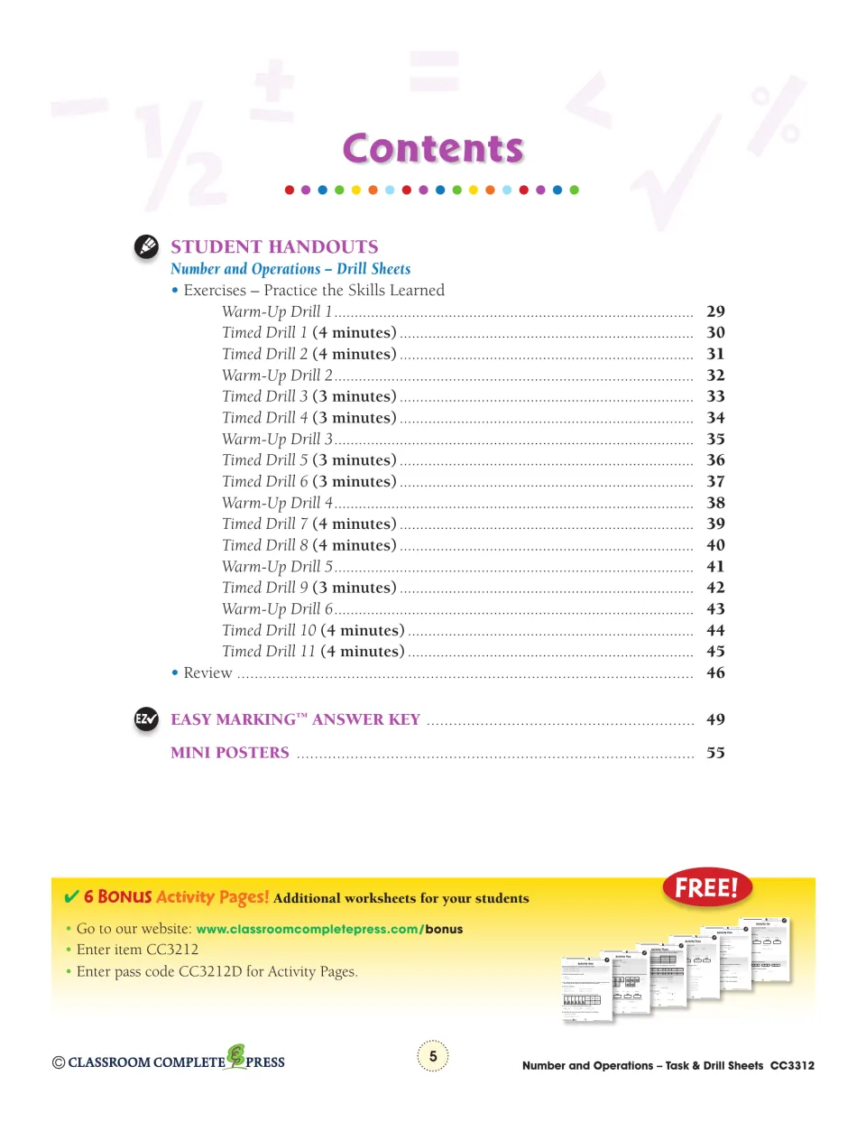 Contents, part 2: Warm-Up Drills 1–6 and Timed Drills 1–11 with 3- or 4-minute times, answer key, mini posters