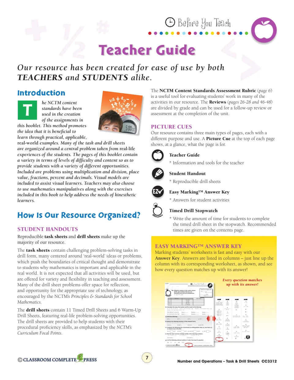 Teacher guide introduction on the 15 task sheets, 11 timed and 6 warm-up drills, picture cues and answer key