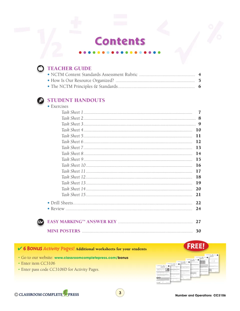 Contents listing teacher guidance, 15 task sheets, drill sheets, review, an answer key, and mini posters