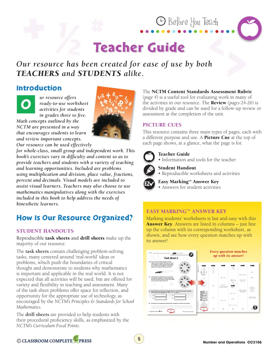 Teacher guide explaining task sheets, drill sheets, review, assessment, picture cues, and answer key use