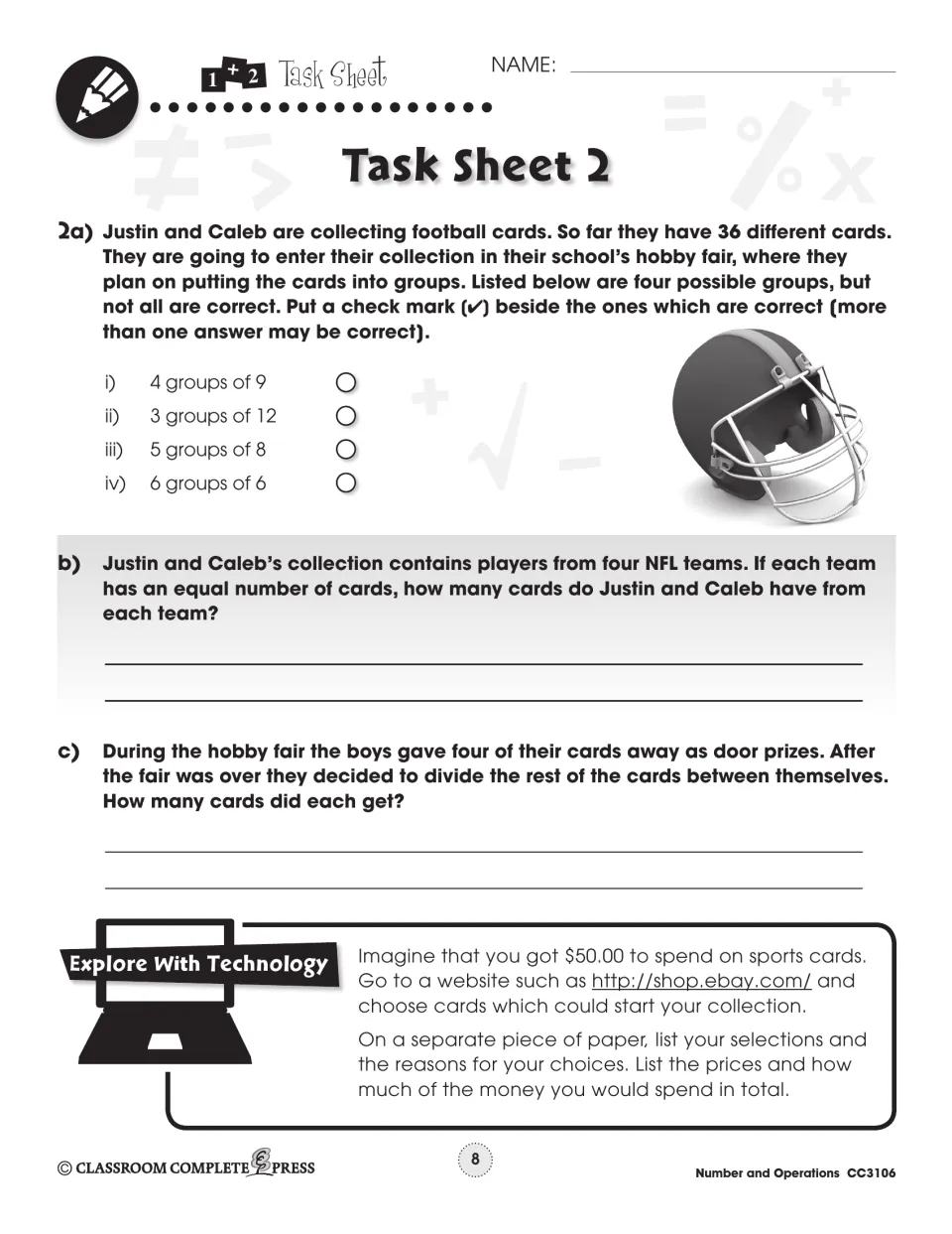 Task Sheet 2: group 36 football cards, divide cards among teams and friends, and plan purchases with $50