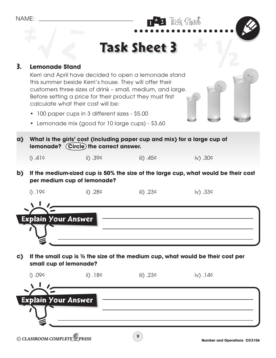 Task Sheet 3: calculate lemonade costs for large, medium, and small cups using prices and size fractions