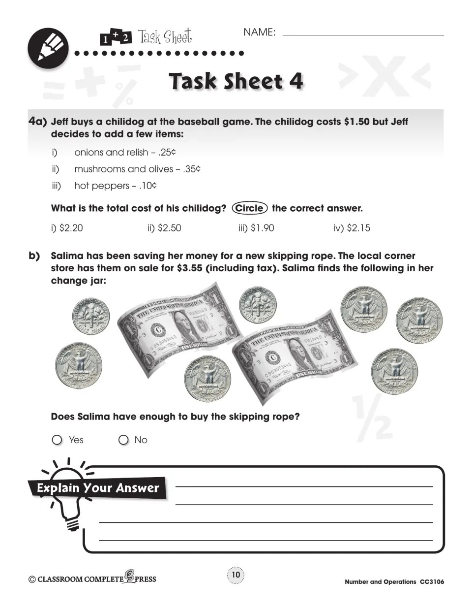 Task Sheet 4: total a $1.50 chili dog's toppings and count pictured money to check a $3.55 jump rope purchase
