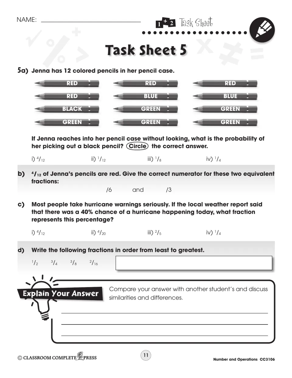 Task Sheet 5: find pencil probability, complete equivalent fractions, convert 40%, and order fractions