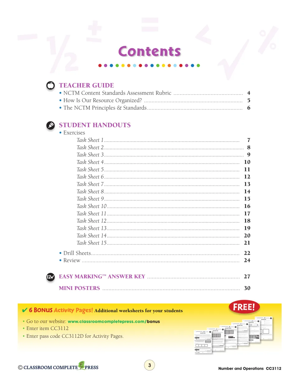 Table of contents listing the teacher guide, Task Sheets 1–15, drill sheets, review, answer key and mini posters