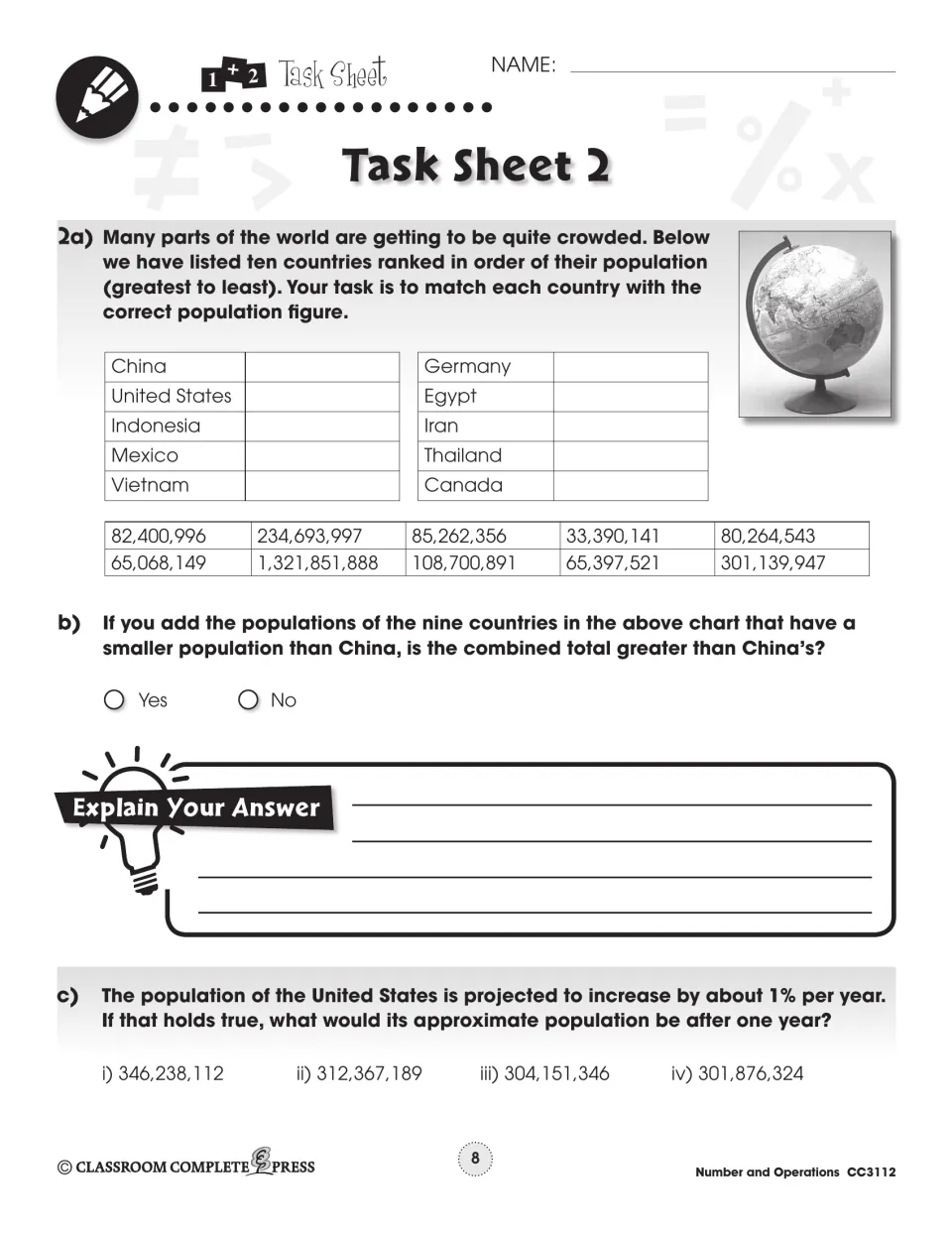 Task Sheet 2: match ten countries, from China to Canada, to population figures, then compare totals and 1% growth