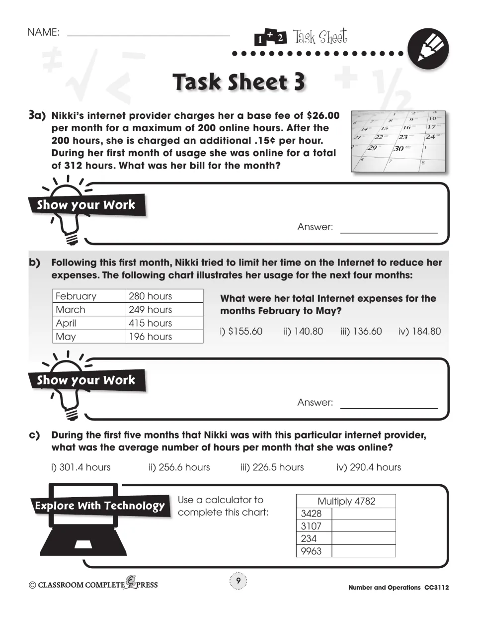 Task Sheet 3: Nikki's monthly internet bill and average online hours, plus a calculator chart multiplying 4782