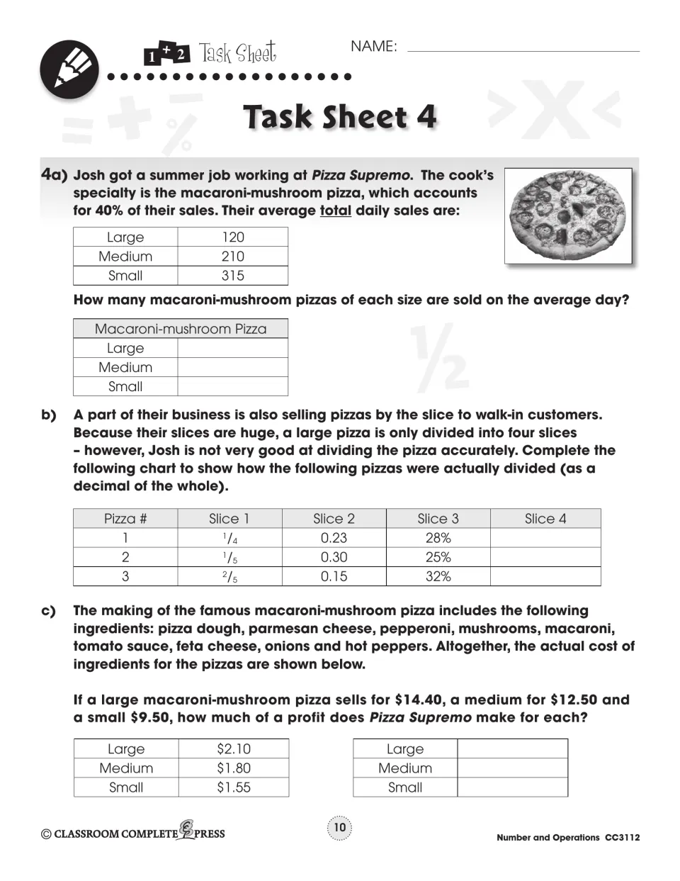 Task Sheet 4: Pizza Supremo problems on 40% of daily sales, pizza slices as decimals, and profit per pizza size