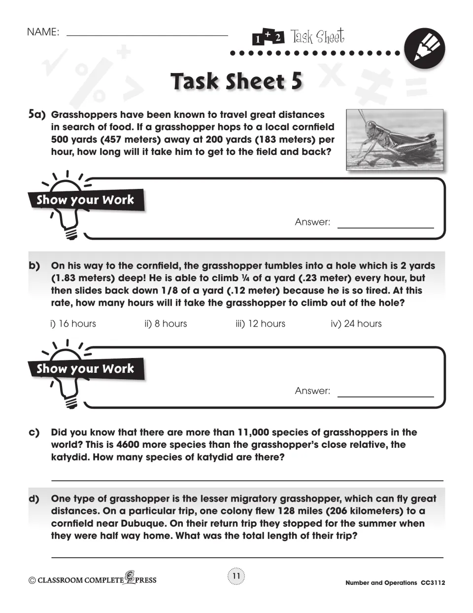 Task Sheet 5: grasshopper problems on travel time, climbing out of a 2-yard hole, katydid species and trip distance