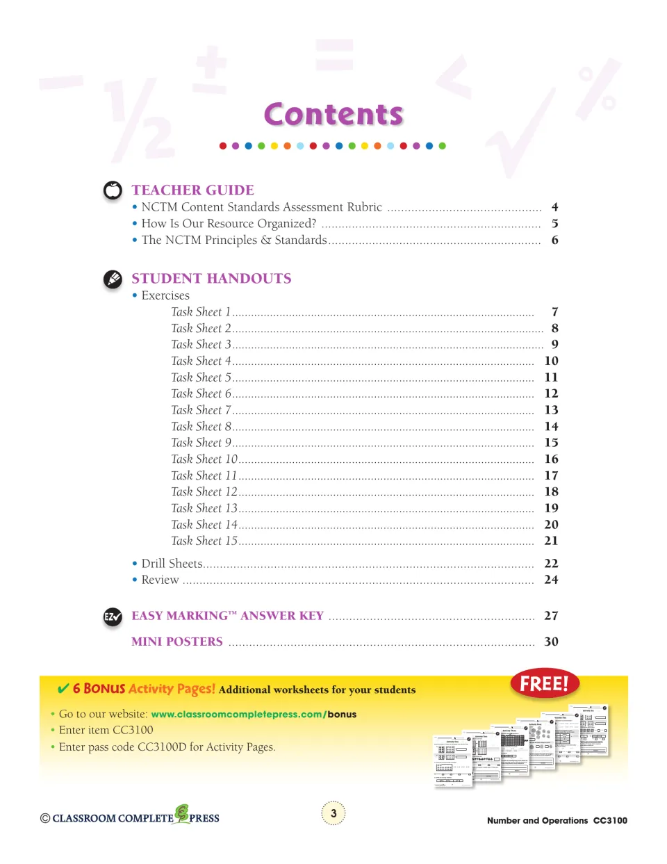 Contents listing teacher guidance, 15 task sheets, drill sheets, review, answer key, and mini posters
