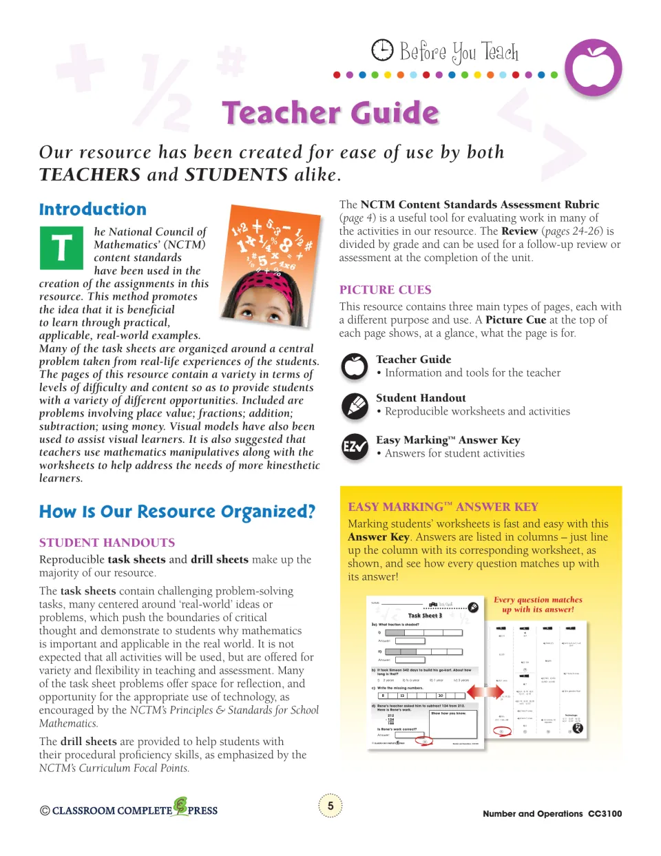 Teacher guide explaining task sheets, drill sheets, review, assessment rubric, and the marking answer key