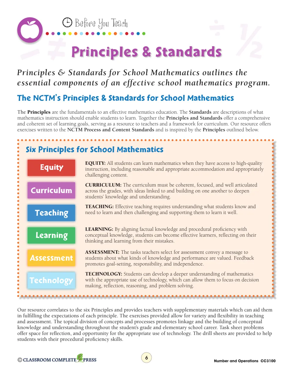 Teacher reference outlining six NCTM principles: equity, curriculum, teaching, learning, assessment, technology