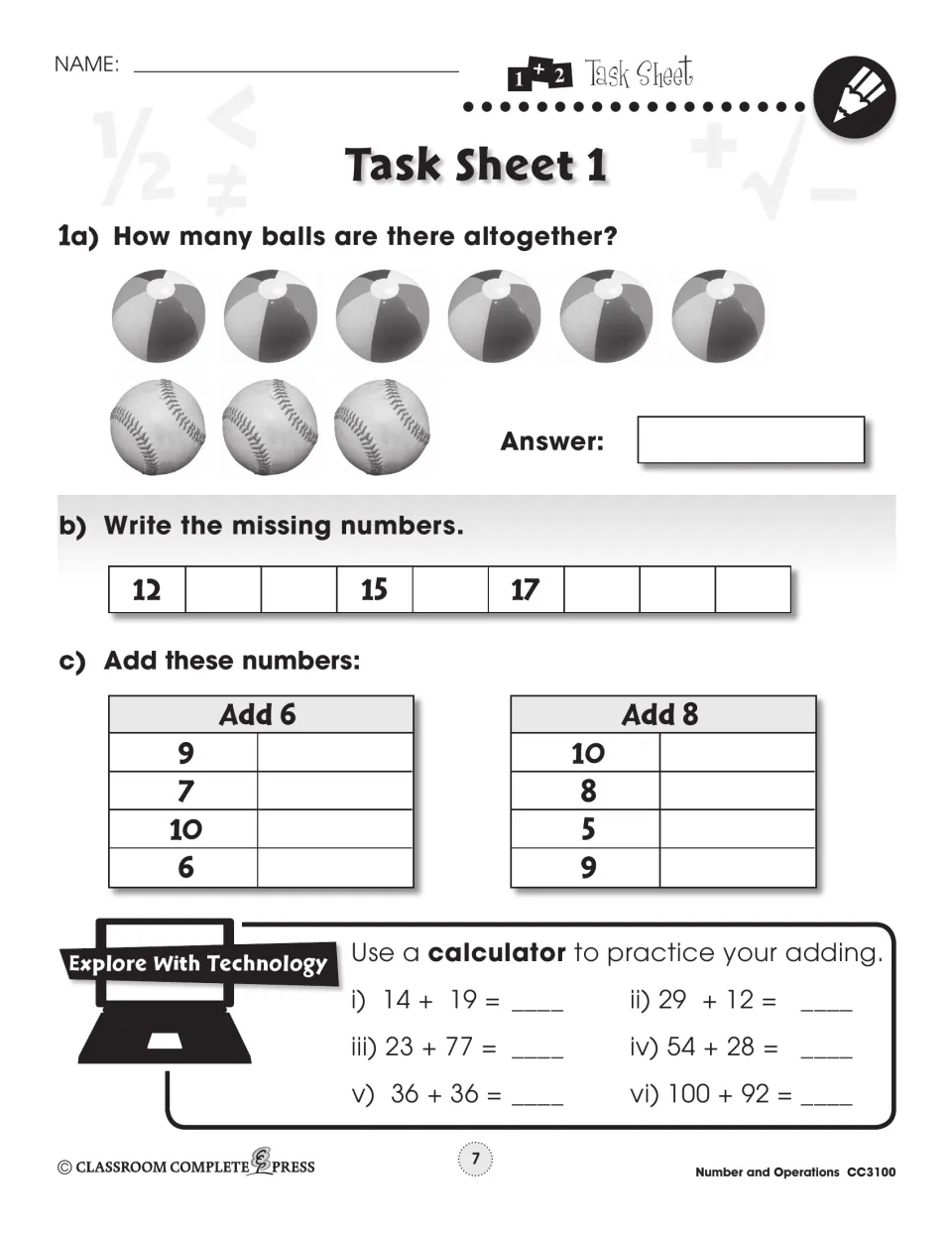 Task Sheet 1: count pictured balls, complete a number sequence, add 6 and 8, and practice calculator addition