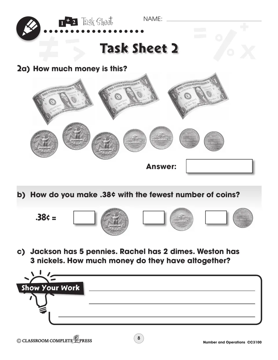 Task Sheet 2: count pictured US bills and coins, make 38 cents, and solve a word problem about combined money