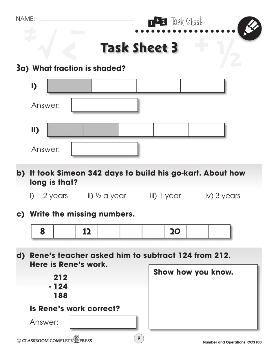 Task Sheet 3: name shaded fractions, estimate 342 days, complete a number sequence, and check 212 minus 124