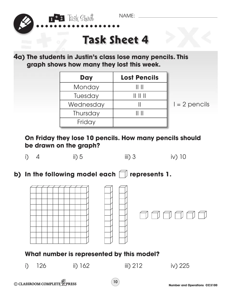 Task Sheet 4: interpret a lost-pencil graph where each symbol means two pencils and identify a base-ten model