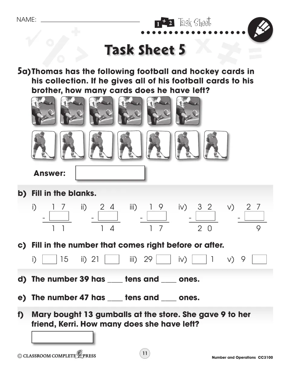Task Sheet 5: subtract using sports cards and word problems, fill missing numbers, and identify tens and ones