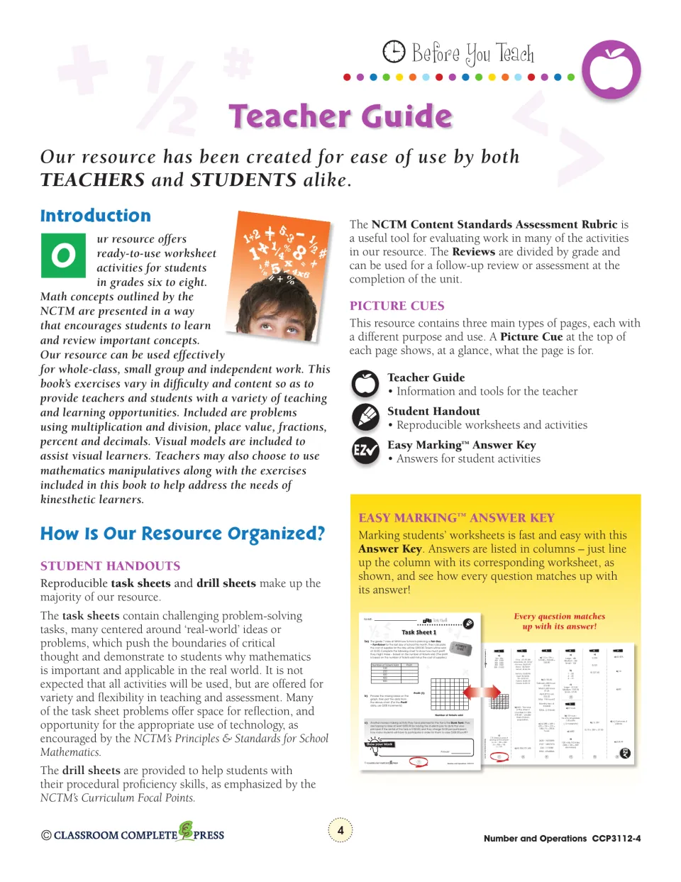 Teacher Guide introduction explaining the task sheets, drill sheets, picture cues and Easy Marking answer key