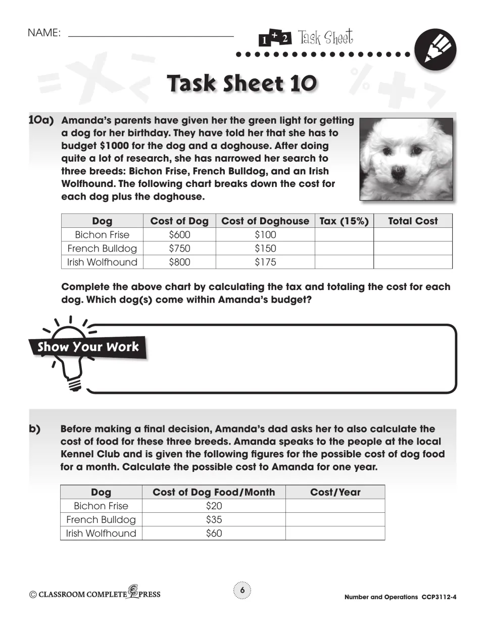 Task Sheet 10 word problems: add 15% tax to costs of three dog breeds and doghouses, then find yearly dog food costs