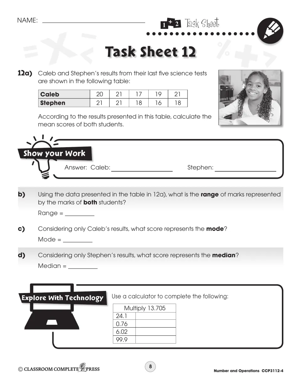Task Sheet 12: mean, range, mode and median of two students' science test scores, plus multiplying by 13.705