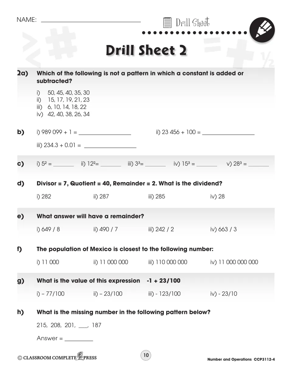 Drill Sheet 2: constant-change patterns, squares and cubes, finding a dividend, remainders and -1 + 23/100