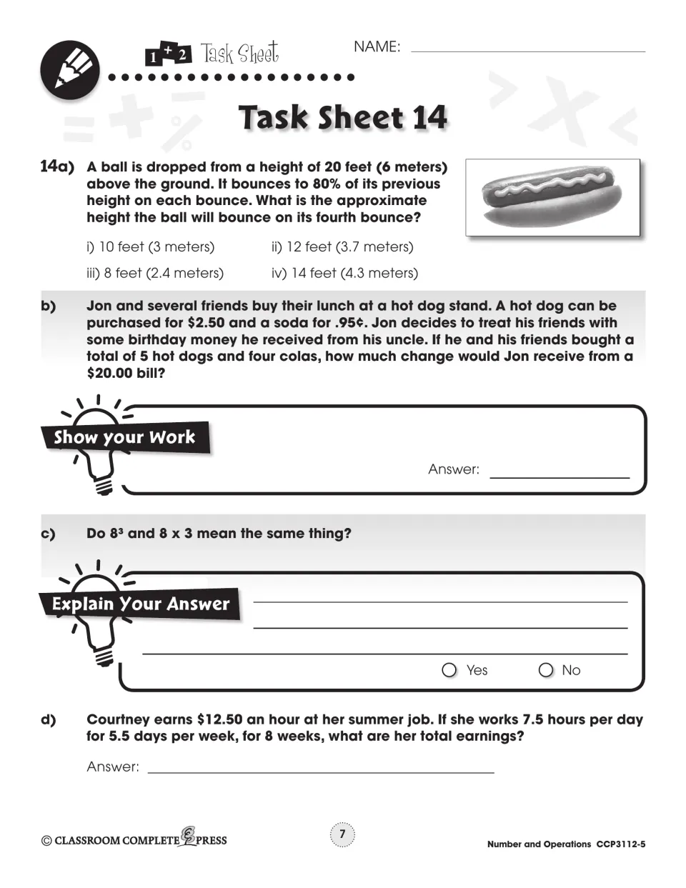 Task Sheet 14: a ball bouncing to 80% of its height, hot dog change from $20, 8³ vs 8 x 3, and summer job pay