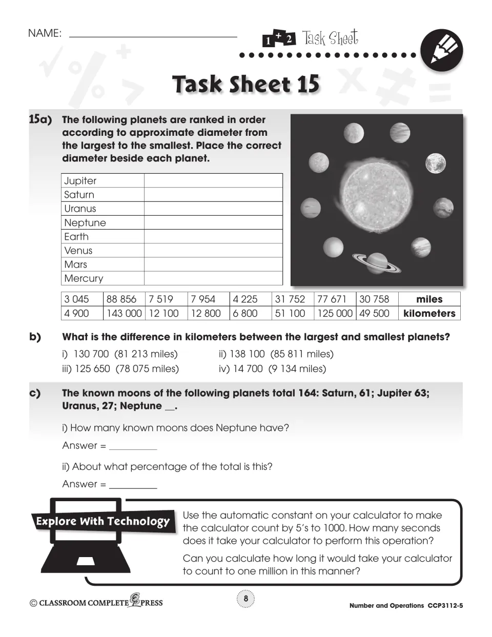 Task Sheet 15: match planet diameters in miles and kilometers, compare largest and smallest, count Neptune's moons