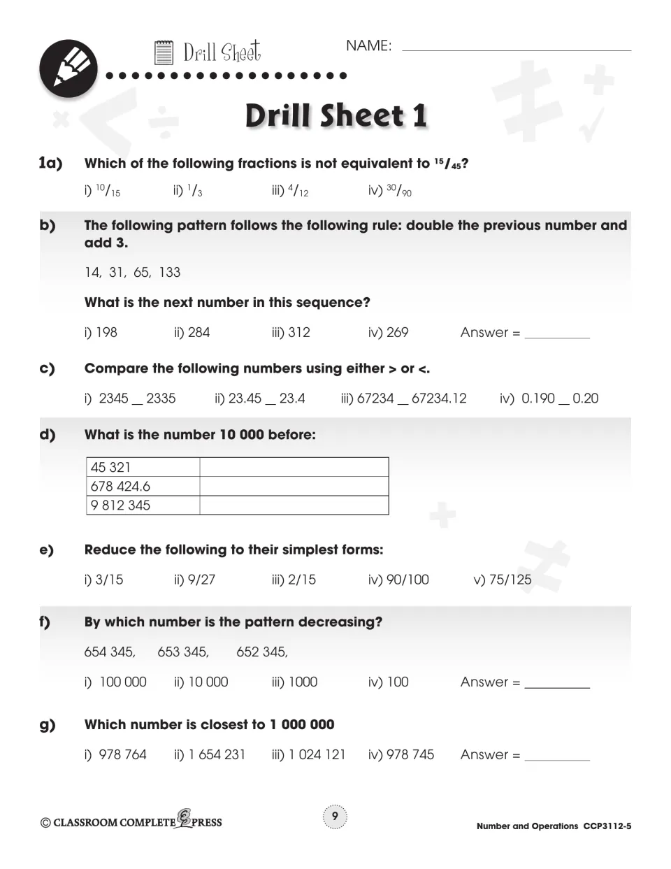 Drill Sheet 1: equivalent fractions to 15/45, number patterns, comparing with > or <, reducing fractions like 9/27