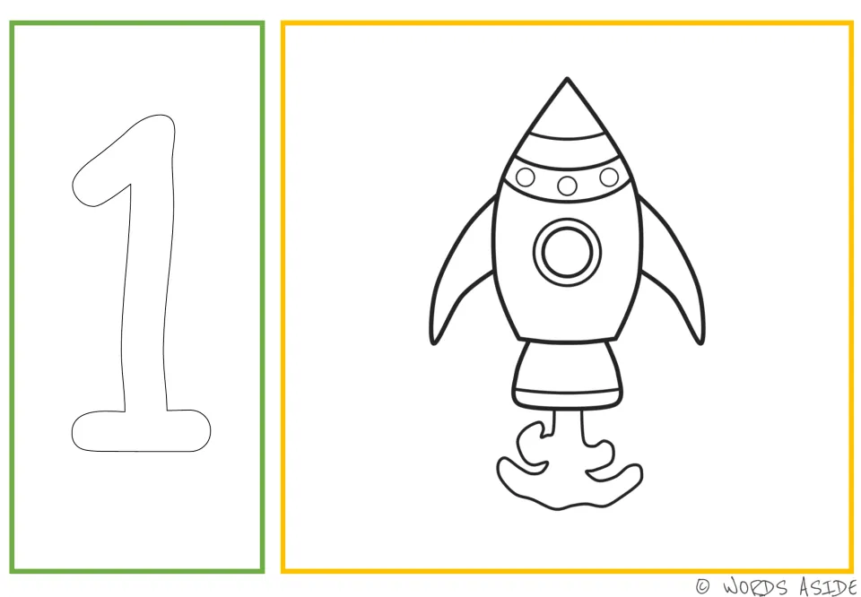 Number and quantity card 1: outlined numeral 1 and one spacecraft for coloring, tracing, and dotting.