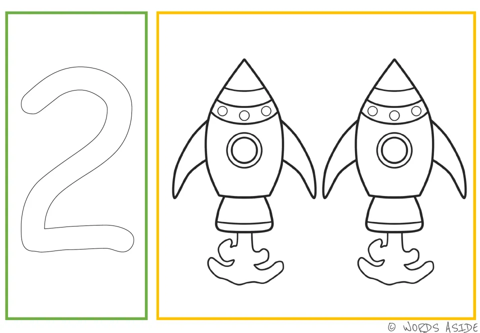 Number and quantity card 2: outlined numeral 2 and two spacecraft for coloring, tracing, and dotting.