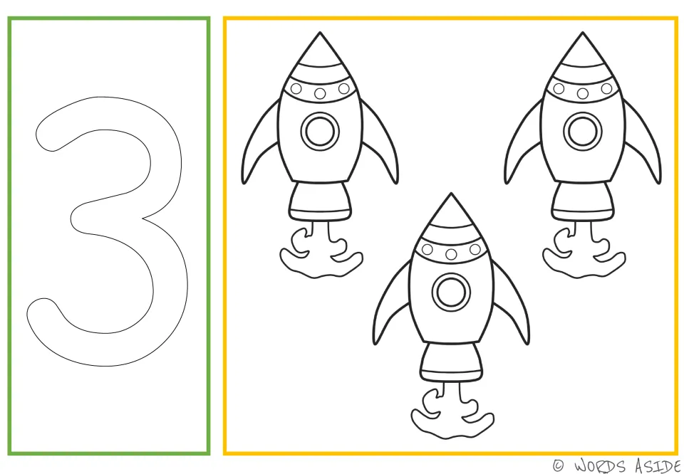 Number and quantity card 3: outlined numeral 3 and three spacecraft for coloring, tracing, and dotting.