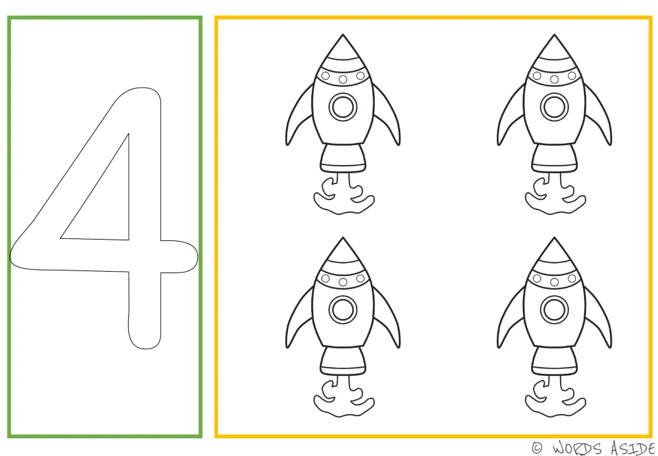 Number and quantity card 4: outlined numeral 4 and four spacecraft for coloring, tracing, and dotting.