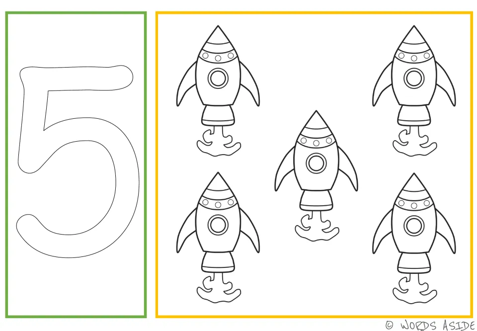 Number and quantity card 5: outlined numeral 5 and five spacecraft for coloring, tracing, and dotting.
