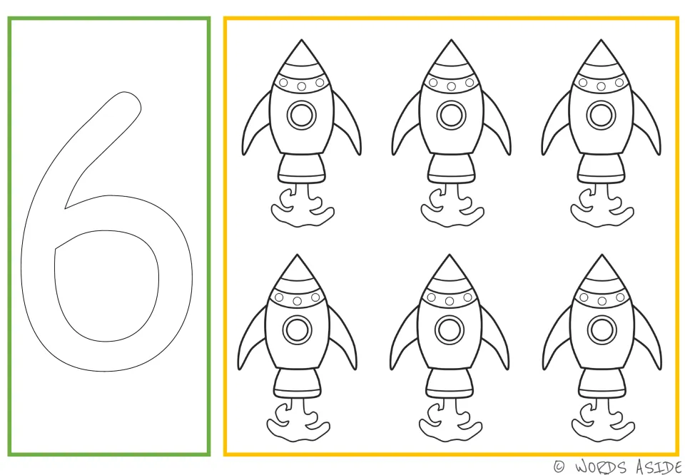 Number and quantity card 6: outlined numeral 6 and six spacecraft for coloring, tracing, and dotting.