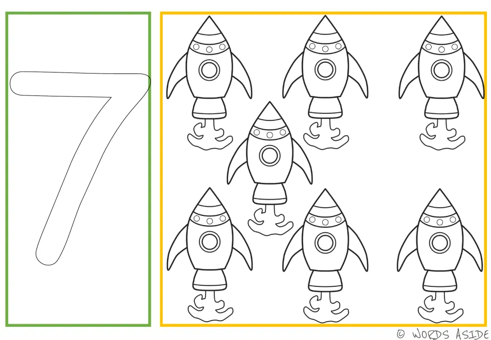 Number and quantity card 7: outlined numeral 7 and seven spacecraft for coloring, tracing, and dotting.
