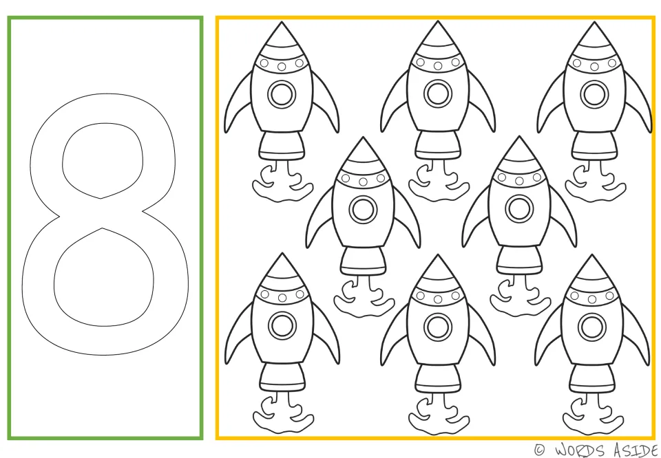 Number and quantity card 8: outlined numeral 8 and eight spacecraft for coloring, tracing, and dotting.