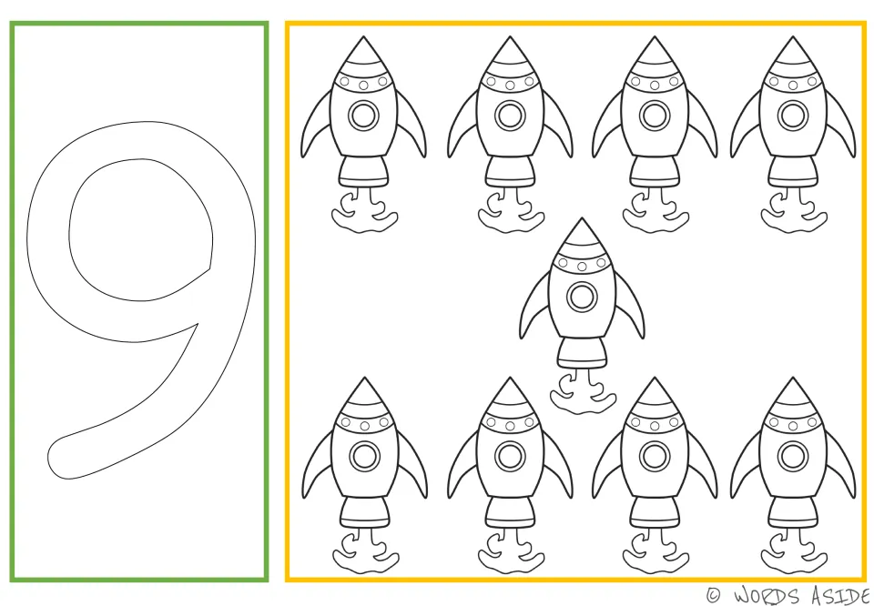 Number and quantity card 9: outlined numeral 9 and nine spacecraft for coloring, tracing, and dotting.