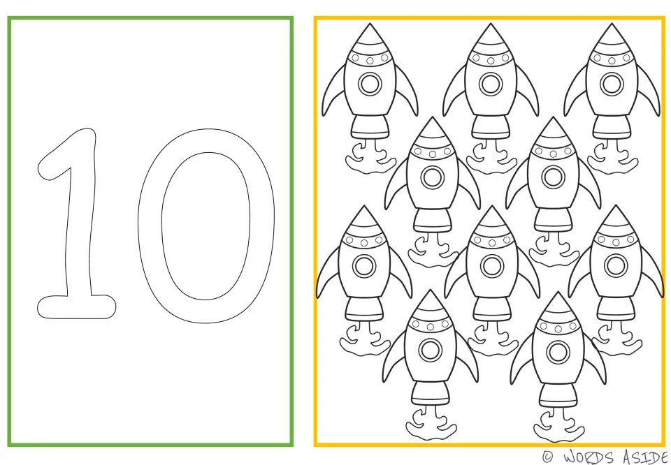 Number and quantity card 10: outlined numeral 10 and ten spacecraft for coloring, tracing, and dotting.