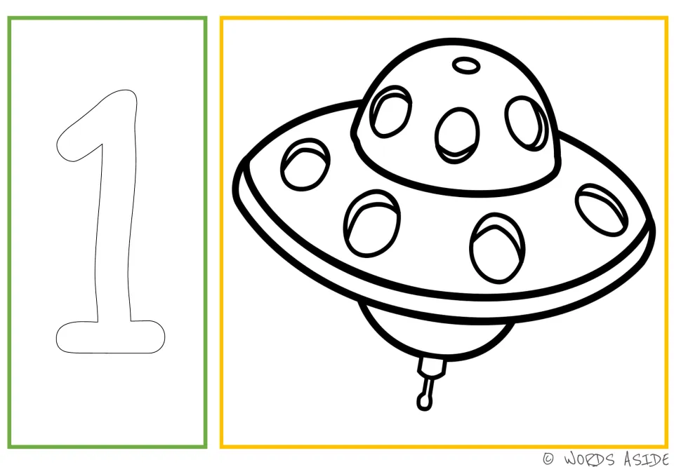 Number and quantity coloring card 1 of 10: outlined numeral 1 paired with one UFO for counting and coloring.