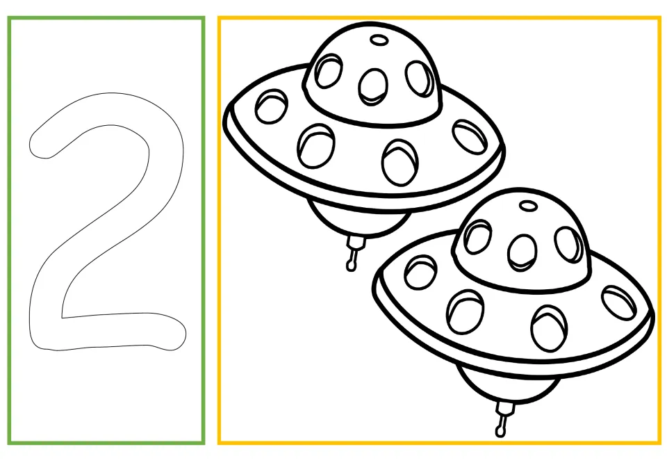Number and quantity coloring card 2 of 10: outlined numeral 2 paired with two UFOs for counting and coloring.