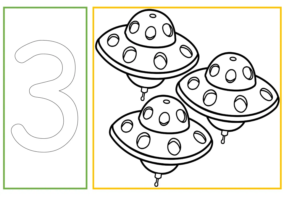 Number and quantity coloring card 3 of 10: outlined numeral 3 paired with three UFOs for counting and coloring.