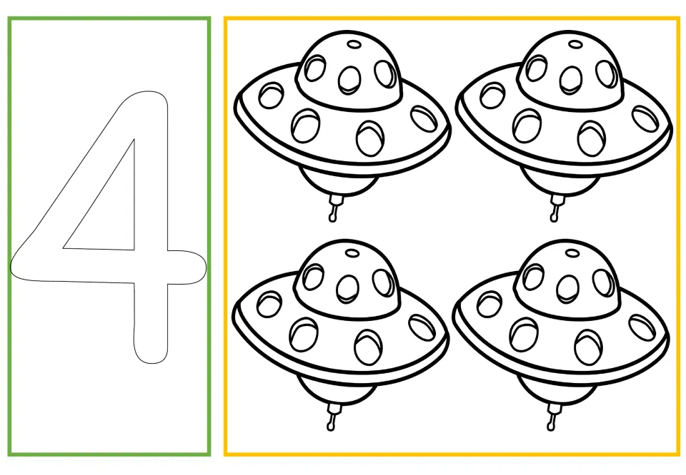 Number and quantity coloring card 4 of 10: outlined numeral 4 paired with four UFOs for counting and coloring.