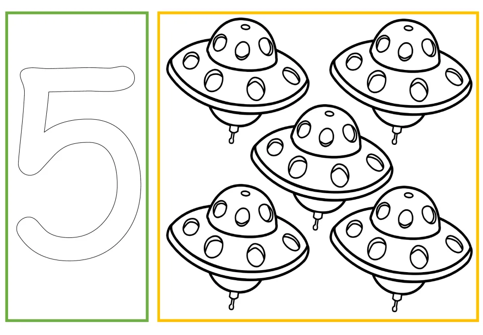 Number and quantity coloring card 5 of 10: outlined numeral 5 paired with five UFOs for counting and coloring.