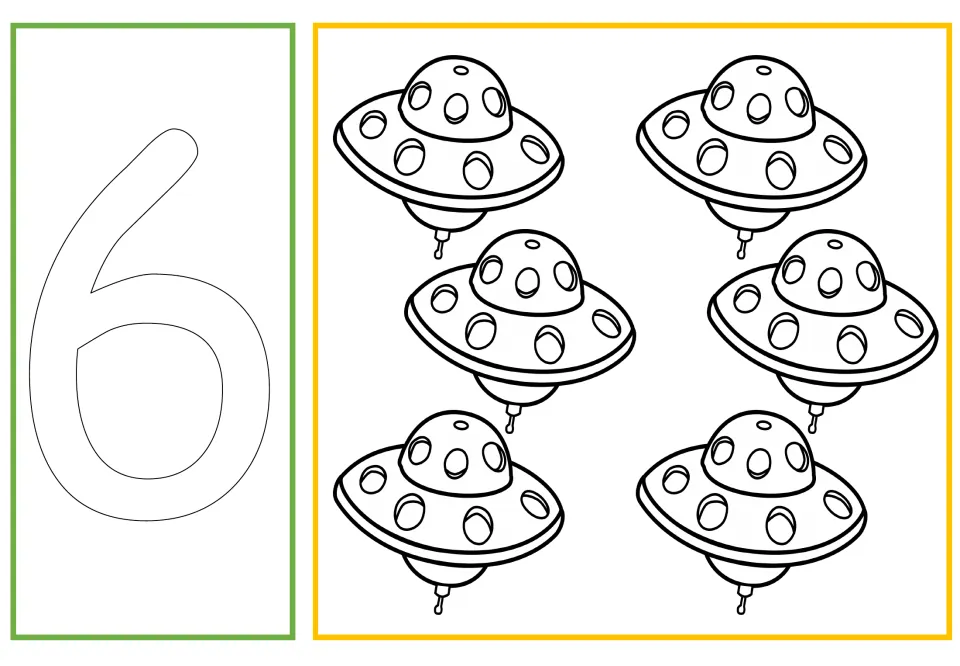Number and quantity coloring card 6 of 10: outlined numeral 6 paired with six UFOs for counting and coloring.