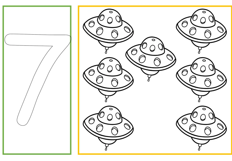Number and quantity coloring card 7 of 10: outlined numeral 7 paired with seven UFOs for counting and coloring.