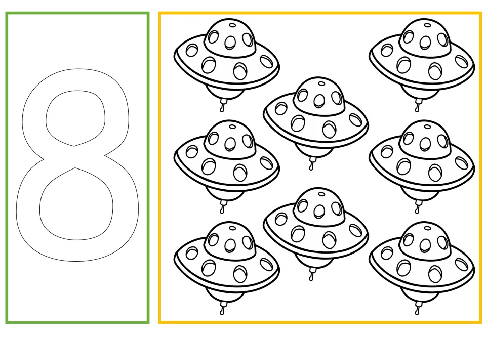 Number and quantity coloring card 8 of 10: outlined numeral 8 paired with eight UFOs for counting and coloring.