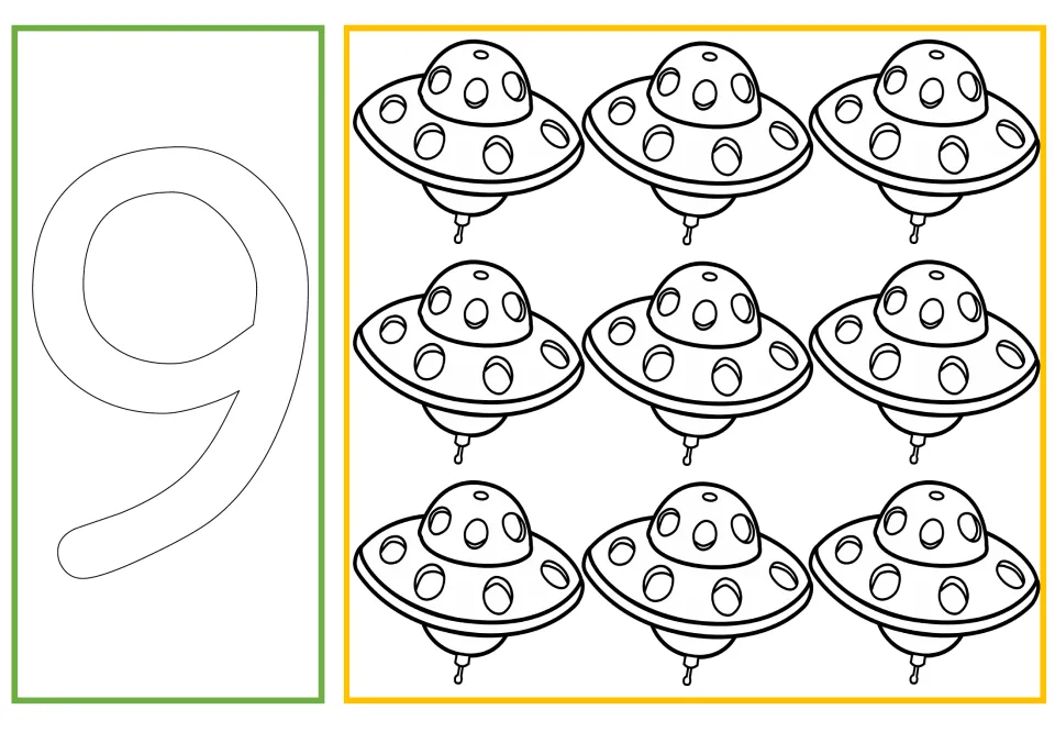 Number and quantity coloring card 9 of 10: outlined numeral 9 paired with nine UFOs for counting and coloring.