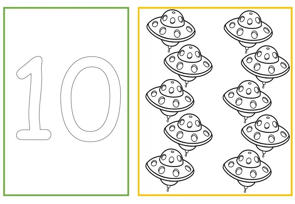Number and quantity coloring card 10 of 10: outlined numeral 10 paired with ten UFOs for counting and coloring.