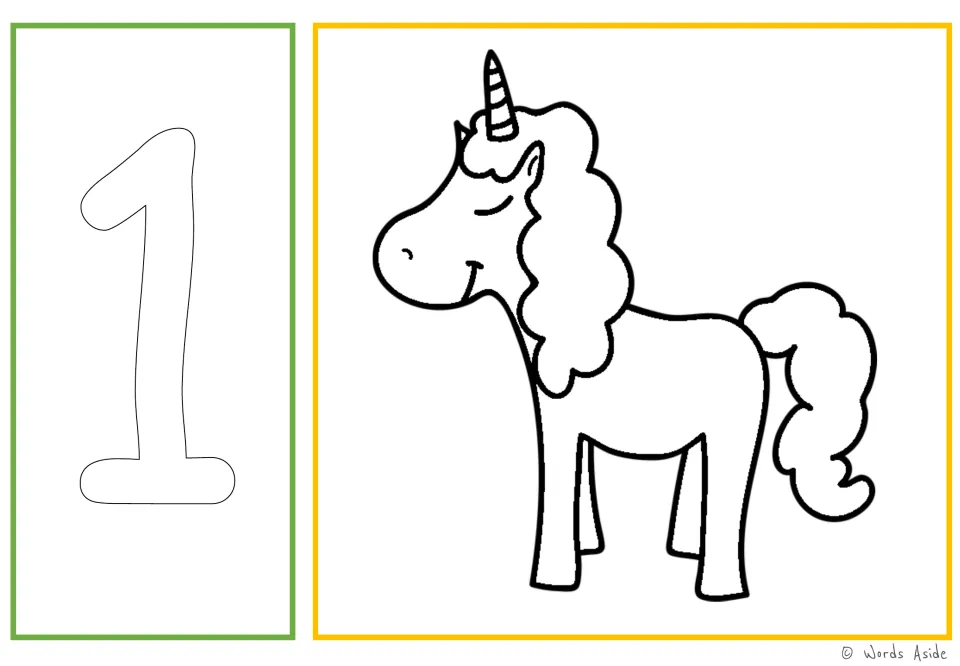 Number and quantity card 1: outlined numeral 1 and one unicorn for number tracing and coloring practice.