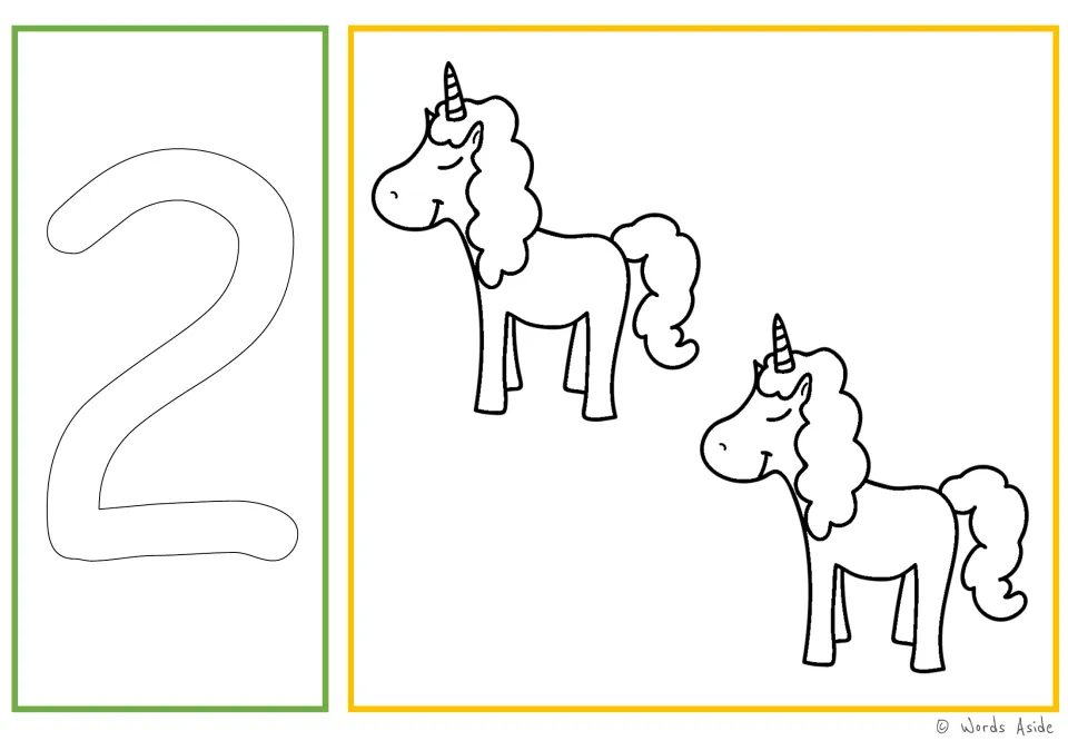 Number and quantity card 2: outlined numeral 2 and two unicorns for number tracing and coloring practice.
